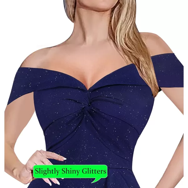 VFSHOW Womens Formal Off Shoulder Ruched Ruffle Prom Wedding Guest Maxi Dress Twist Front 2023 High Split Evening Long GownSparkly Navy Blue