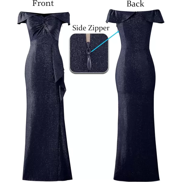 VFSHOW Womens Formal Off Shoulder Ruched Ruffle Prom Wedding Guest Maxi Dress Twist Front 2023 High Split Evening Long GownSparkly Navy Blue2