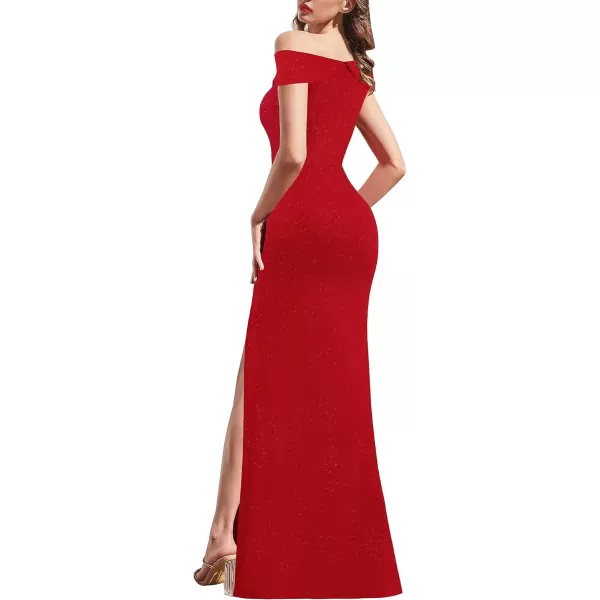 VFSHOW Womens Formal Off Shoulder Ruched Ruffle Prom Wedding Guest Maxi Dress Twist Front 2023 High Split Evening Long GownSparkly Red