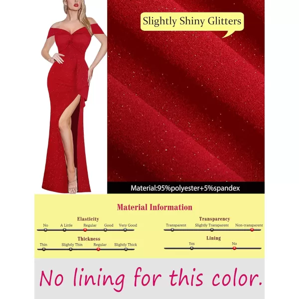 VFSHOW Womens Formal Off Shoulder Ruched Ruffle Prom Wedding Guest Maxi Dress Twist Front 2023 High Split Evening Long GownSparkly Red