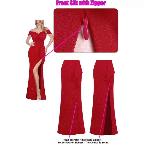 VFSHOW Womens Formal Off Shoulder Ruched Ruffle Prom Wedding Guest Maxi Dress Twist Front 2023 High Split Evening Long GownSparkly Red