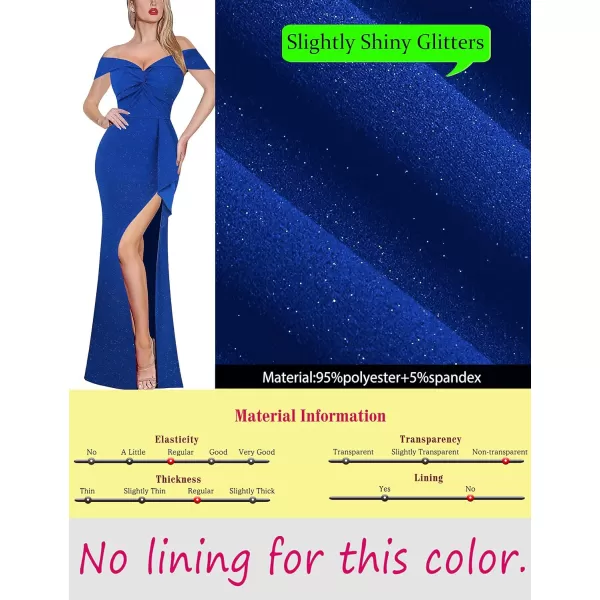 VFSHOW Womens Formal Off Shoulder Ruched Ruffle Prom Wedding Guest Maxi Dress Twist Front 2023 High Split Evening Long GownSparkly Royal Blue