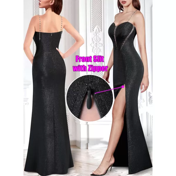 VFSHOW Womens Formal Prom Beaded Spaghetti Strap Ruched Wedding Guest Maxi Dress Sexy High Split Sweetheart Neck Evening GownSparkly Black