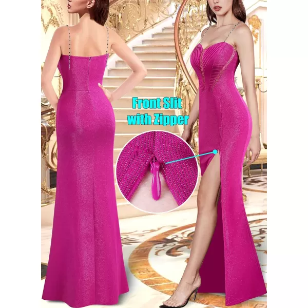 VFSHOW Womens Formal Prom Beaded Spaghetti Strap Ruched Wedding Guest Maxi Dress Sexy High Split Sweetheart Neck Evening GownSparkly Hot Pink