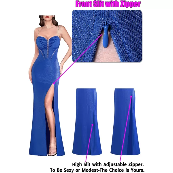 VFSHOW Womens Formal Prom Beaded Spaghetti Strap Ruched Wedding Guest Maxi Dress Sexy High Split Sweetheart Neck Evening GownSparkly Royal Blue