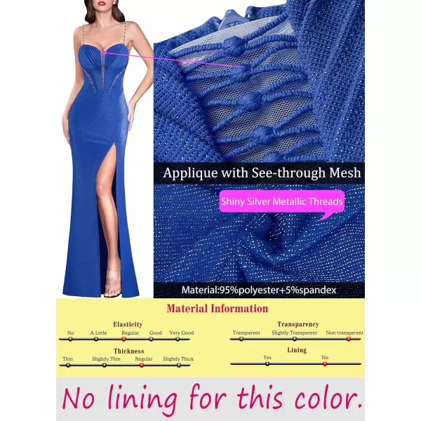 VFSHOW Womens Formal Prom Beaded Spaghetti Strap Ruched Wedding Guest Maxi Dress Sexy High Split Sweetheart Neck Evening GownSparkly Royal Blue