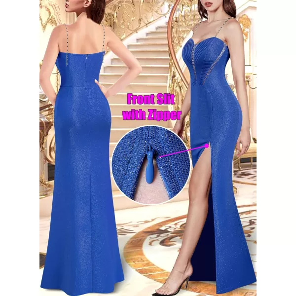 VFSHOW Womens Formal Prom Beaded Spaghetti Strap Ruched Wedding Guest Maxi Dress Sexy High Split Sweetheart Neck Evening GownSparkly Royal Blue