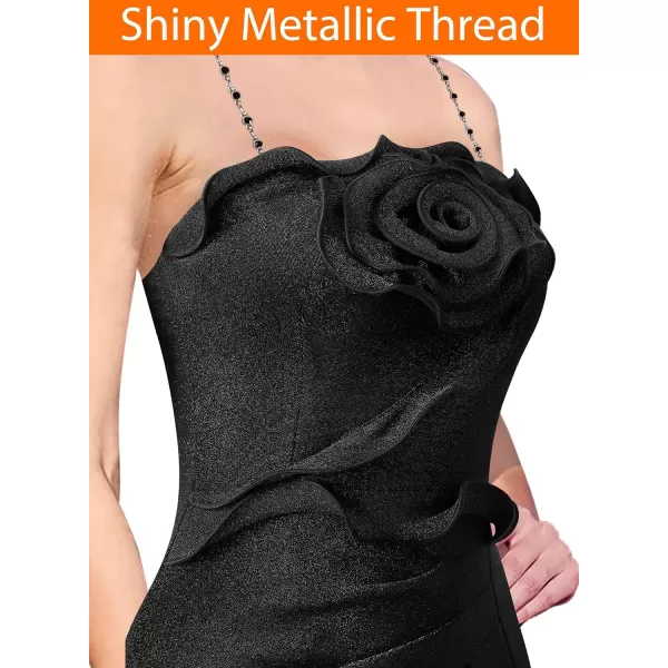 VFSHOW Womens Formal Prom Beaded Spaghetti Strap Ruffle Ruched Maxi Dress Sexy High Slit 3D Flower Wedding Guest Evening GownSparkly Black