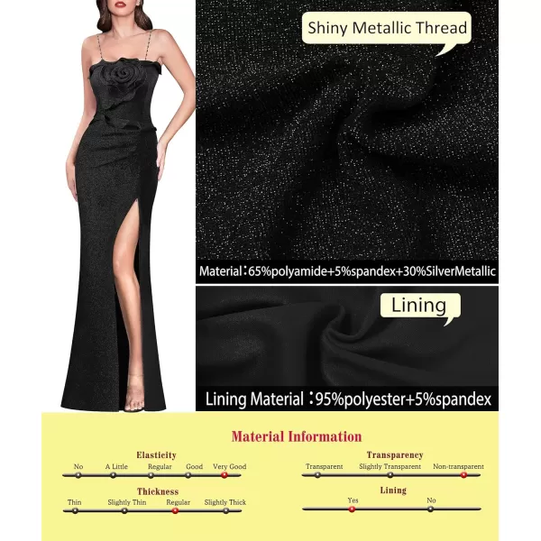 VFSHOW Womens Formal Prom Beaded Spaghetti Strap Ruffle Ruched Maxi Dress Sexy High Slit 3D Flower Wedding Guest Evening GownSparkly Black