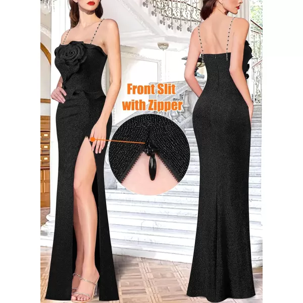 VFSHOW Womens Formal Prom Beaded Spaghetti Strap Ruffle Ruched Maxi Dress Sexy High Slit 3D Flower Wedding Guest Evening GownSparkly Black