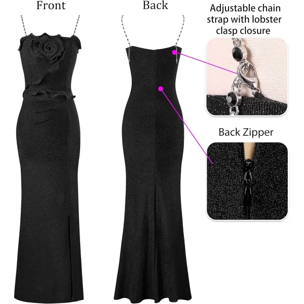 VFSHOW Womens Formal Prom Beaded Spaghetti Strap Ruffle Ruched Maxi Dress Sexy High Slit 3D Flower Wedding Guest Evening GownSparkly Black