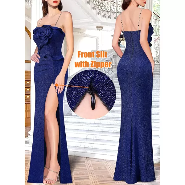 VFSHOW Womens Formal Prom Beaded Spaghetti Strap Ruffle Ruched Maxi Dress Sexy High Slit 3D Flower Wedding Guest Evening GownSparkly Blue