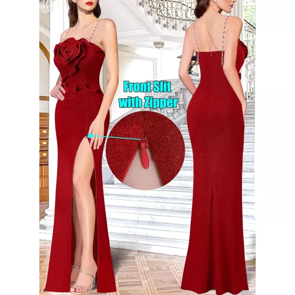 VFSHOW Womens Formal Prom Beaded Spaghetti Strap Ruffle Ruched Maxi Dress Sexy High Slit 3D Flower Wedding Guest Evening GownSparkly Red