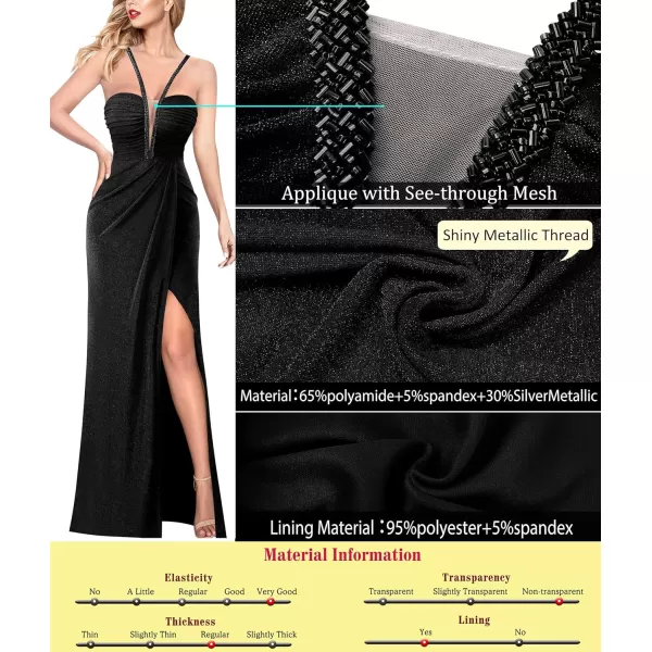 VFSHOW Womens Formal Prom Beaded Spaghetti Straps Deep V Neck Ruched Maxi Dress Sexy High Slit Wedding Guest Evening GownSparkly Black