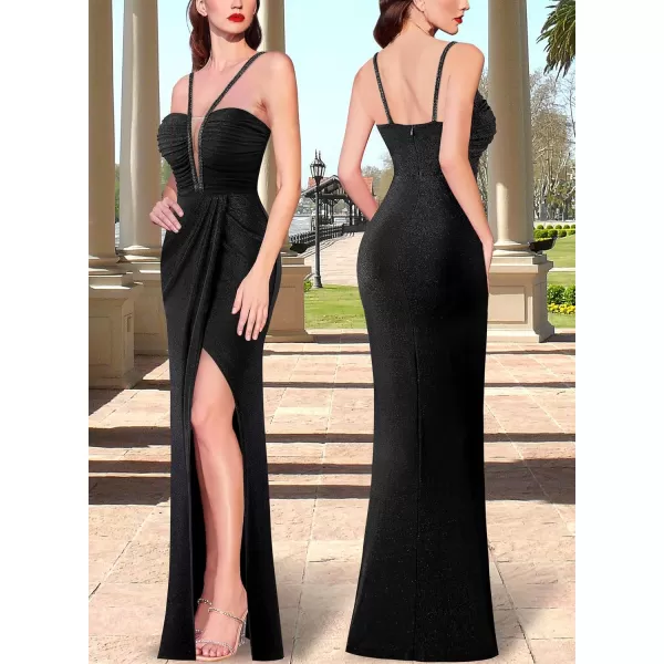 VFSHOW Womens Formal Prom Beaded Spaghetti Straps Deep V Neck Ruched Maxi Dress Sexy High Slit Wedding Guest Evening GownSparkly Black