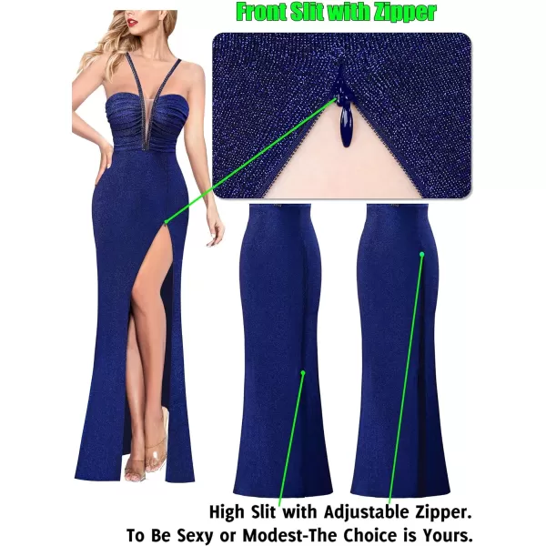 VFSHOW Womens Formal Prom Beaded Spaghetti Straps Deep V Neck Ruched Maxi Dress Sexy High Slit Wedding Guest Evening GownSparkly Blue