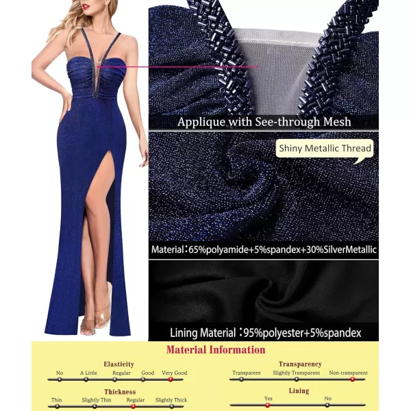 VFSHOW Womens Formal Prom Beaded Spaghetti Straps Deep V Neck Ruched Maxi Dress Sexy High Slit Wedding Guest Evening GownSparkly Blue