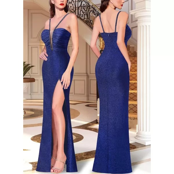 VFSHOW Womens Formal Prom Beaded Spaghetti Straps Deep V Neck Ruched Maxi Dress Sexy High Slit Wedding Guest Evening GownSparkly Blue