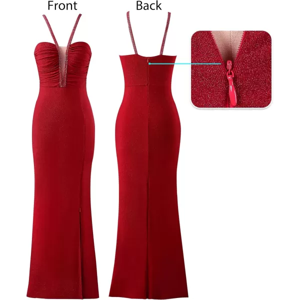 VFSHOW Womens Formal Prom Beaded Spaghetti Straps Deep V Neck Ruched Maxi Dress Sexy High Slit Wedding Guest Evening GownSparkly Red