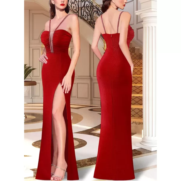 VFSHOW Womens Formal Prom Beaded Spaghetti Straps Deep V Neck Ruched Maxi Dress Sexy High Slit Wedding Guest Evening GownSparkly Red