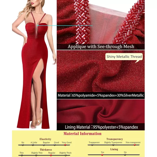 VFSHOW Womens Formal Prom Beaded Spaghetti Straps Deep V Neck Ruched Maxi Dress Sexy High Slit Wedding Guest Evening GownSparkly Red