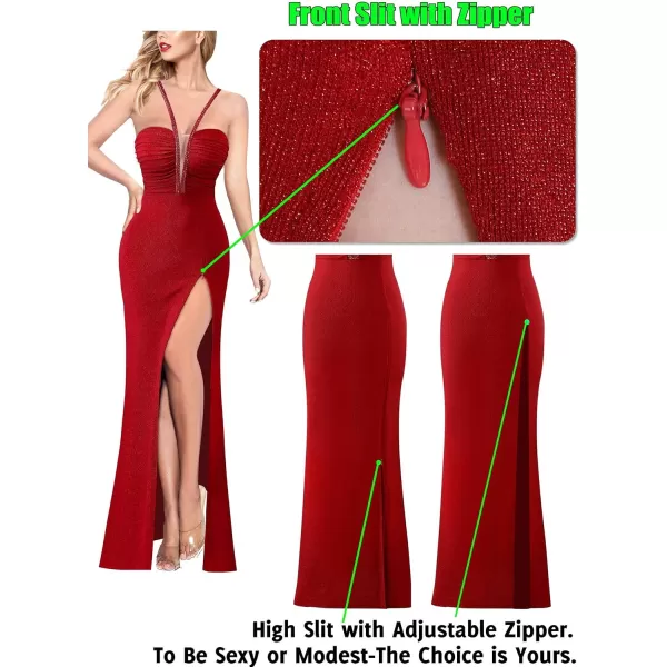 VFSHOW Womens Formal Prom Beaded Spaghetti Straps Deep V Neck Ruched Maxi Dress Sexy High Slit Wedding Guest Evening GownSparkly Red