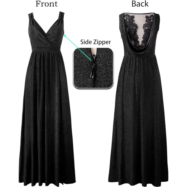 VFSHOW Womens Formal Prom Deep V Neck Floral Embroidery Draped ALine Maxi Dress High Slit Wedding Guest Pleated Evening GownSparkly Black