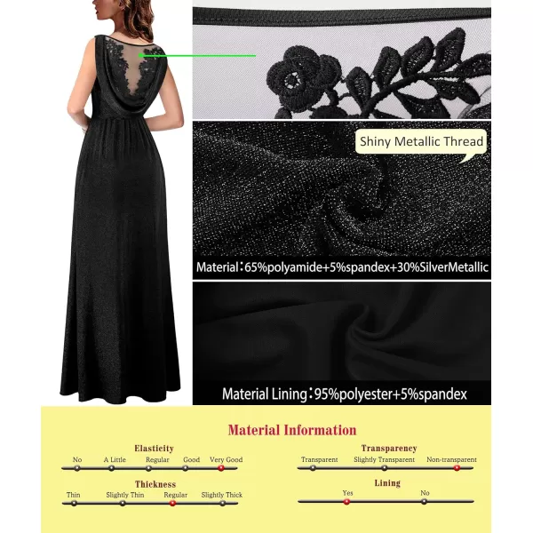 VFSHOW Womens Formal Prom Deep V Neck Floral Embroidery Draped ALine Maxi Dress High Slit Wedding Guest Pleated Evening GownSparkly Black