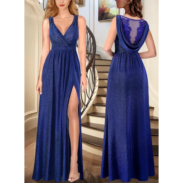 VFSHOW Womens Formal Prom Deep V Neck Floral Embroidery Draped ALine Maxi Dress High Slit Wedding Guest Pleated Evening GownSparkly Blue