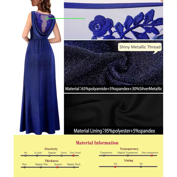 VFSHOW Womens Formal Prom Deep V Neck Floral Embroidery Draped ALine Maxi Dress High Slit Wedding Guest Pleated Evening GownSparkly Blue