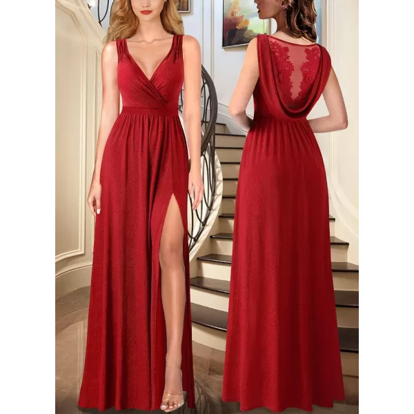 VFSHOW Womens Formal Prom Deep V Neck Floral Embroidery Draped ALine Maxi Dress High Slit Wedding Guest Pleated Evening GownSparkly Red