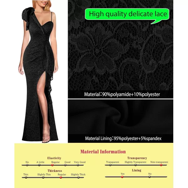 VFSHOW Womens Formal Prom Elegant Ruffle One Shoulder Beaded Strap Ruched Slit Maxi Dress Wedding Evening Long GownBlack Floral Lace