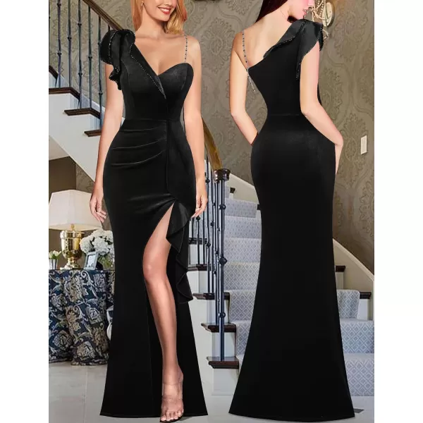 VFSHOW Womens Formal Prom Elegant Ruffle One Shoulder Beaded Strap Ruched Slit Maxi Dress Wedding Evening Long GownBlack Velvet