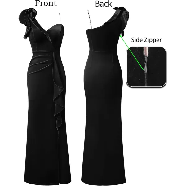 VFSHOW Womens Formal Prom Elegant Ruffle One Shoulder Beaded Strap Ruched Slit Maxi Dress Wedding Evening Long GownBlack Velvet