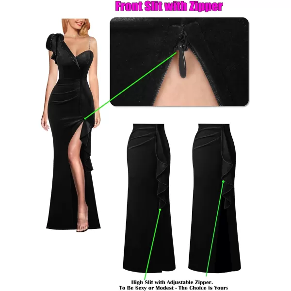 VFSHOW Womens Formal Prom Elegant Ruffle One Shoulder Beaded Strap Ruched Slit Maxi Dress Wedding Evening Long GownBlack Velvet