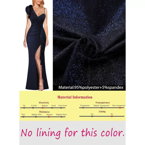 VFSHOW Womens Formal Prom Elegant Ruffle One Shoulder Beaded Strap Ruched Slit Maxi Dress Wedding Evening Long GownBlack With Blue Metallic Stitching