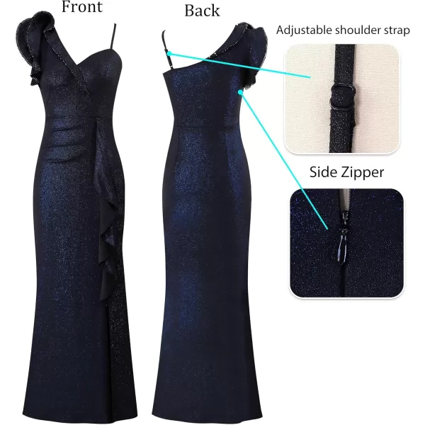 VFSHOW Womens Formal Prom Elegant Ruffle One Shoulder Beaded Strap Ruched Slit Maxi Dress Wedding Evening Long GownBlack With Blue Metallic Stitching