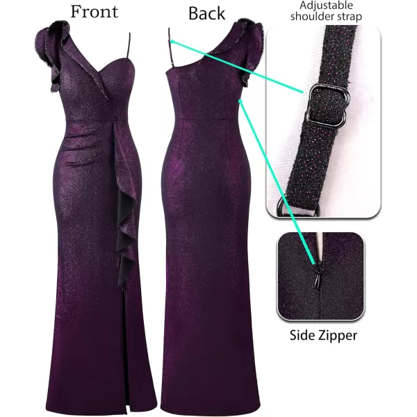 VFSHOW Womens Formal Prom Elegant Ruffle One Shoulder Beaded Strap Ruched Slit Maxi Dress Wedding Evening Long GownBlack With Purple Metallic Stitching