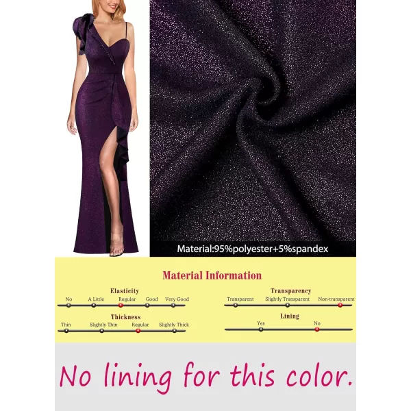 VFSHOW Womens Formal Prom Elegant Ruffle One Shoulder Beaded Strap Ruched Slit Maxi Dress Wedding Evening Long GownBlack With Purple Metallic Stitching