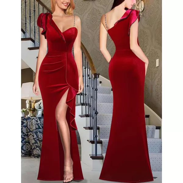 VFSHOW Womens Formal Prom Elegant Ruffle One Shoulder Beaded Strap Ruched Slit Maxi Dress Wedding Evening Long GownRed Velvet