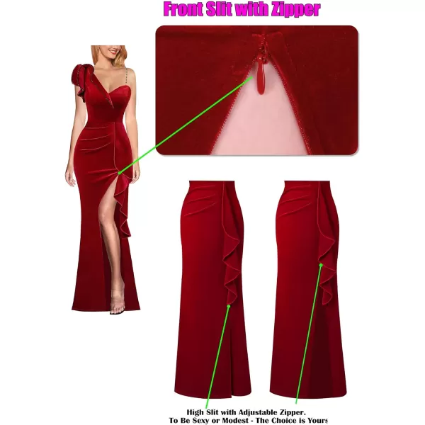 VFSHOW Womens Formal Prom Elegant Ruffle One Shoulder Beaded Strap Ruched Slit Maxi Dress Wedding Evening Long GownRed Velvet