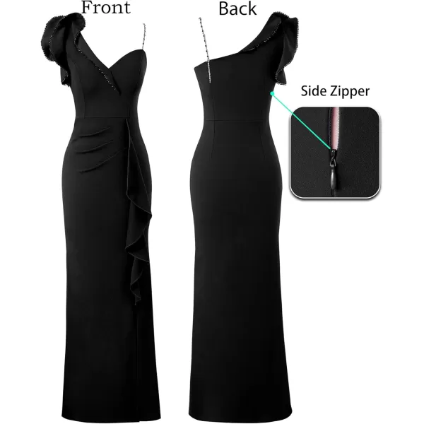 VFSHOW Womens Formal Prom Elegant Ruffle One Shoulder Beaded Strap Ruched Slit Maxi Dress Wedding Evening Long GownSolid Black