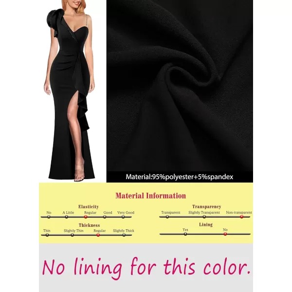 VFSHOW Womens Formal Prom Elegant Ruffle One Shoulder Beaded Strap Ruched Slit Maxi Dress Wedding Evening Long GownSolid Black