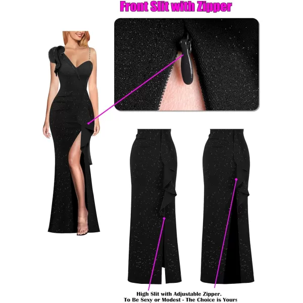 VFSHOW Womens Formal Prom Elegant Ruffle One Shoulder Beaded Strap Ruched Slit Maxi Dress Wedding Evening Long GownSparkly Black