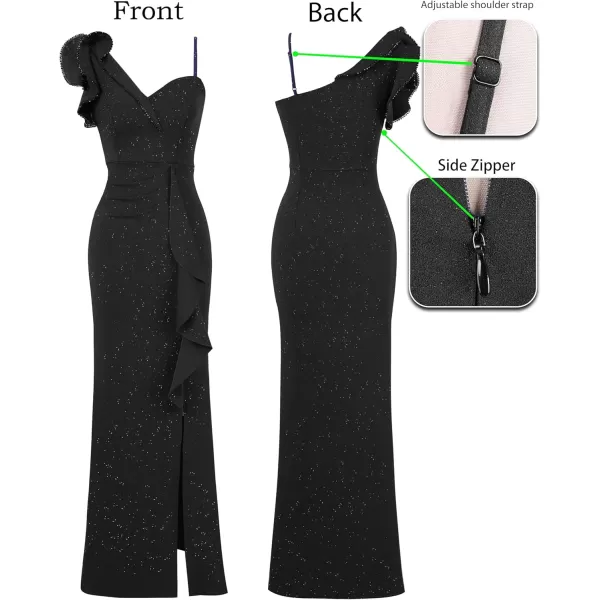 VFSHOW Womens Formal Prom Elegant Ruffle One Shoulder Beaded Strap Ruched Slit Maxi Dress Wedding Evening Long GownSparkly Blackb