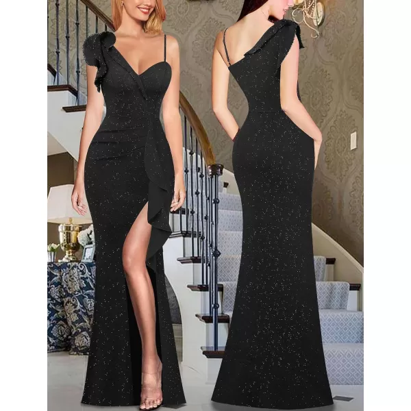 VFSHOW Womens Formal Prom Elegant Ruffle One Shoulder Beaded Strap Ruched Slit Maxi Dress Wedding Evening Long GownSparkly Blackb