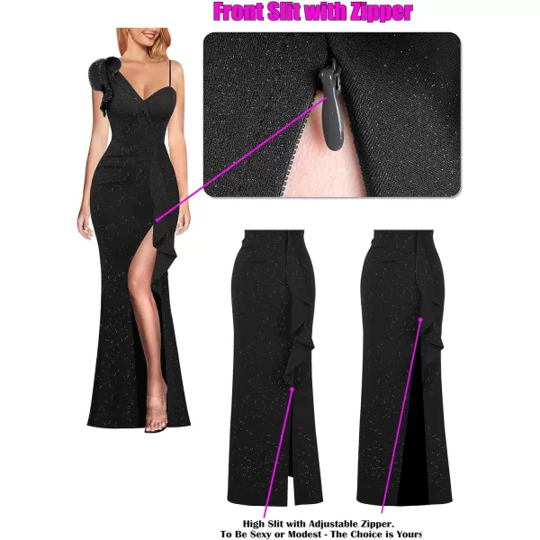 VFSHOW Womens Formal Prom Elegant Ruffle One Shoulder Beaded Strap Ruched Slit Maxi Dress Wedding Evening Long GownSparkly Blackb