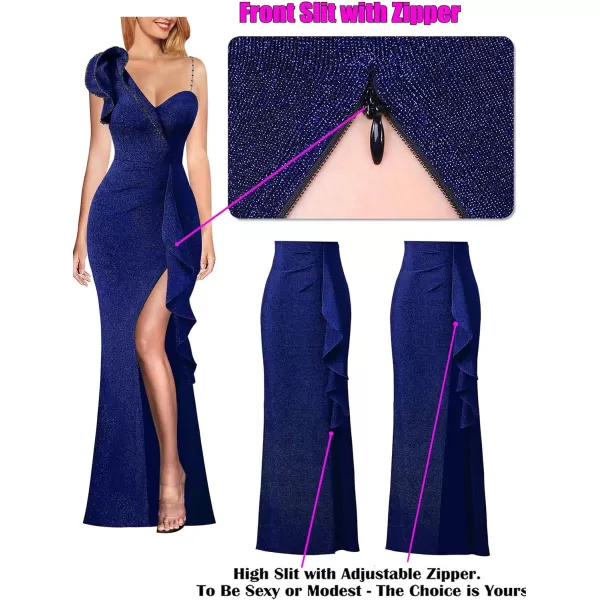 VFSHOW Womens Formal Prom Elegant Ruffle One Shoulder Beaded Strap Ruched Slit Maxi Dress Wedding Evening Long GownSparkly Bluea