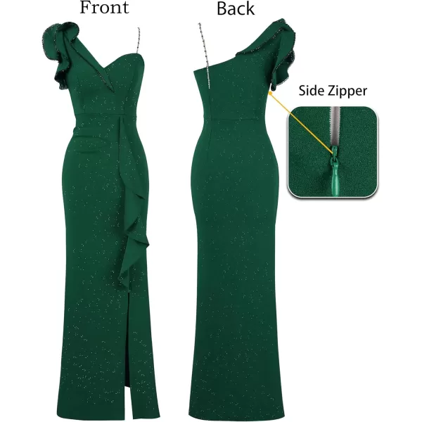 VFSHOW Womens Formal Prom Elegant Ruffle One Shoulder Beaded Strap Ruched Slit Maxi Dress Wedding Evening Long GownSparkly Dark Green
