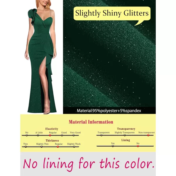 VFSHOW Womens Formal Prom Elegant Ruffle One Shoulder Beaded Strap Ruched Slit Maxi Dress Wedding Evening Long GownSparkly Dark Green